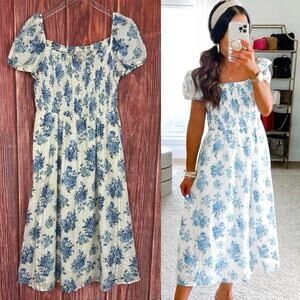 LOFT Womens Midi Dress Smocked Floral Print Short Sleeve Cottagecore Size Small